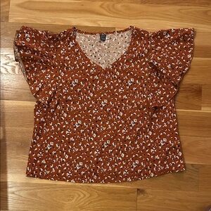 SHEIN Terracotta Floral Flutter Sleeve Blouse Large